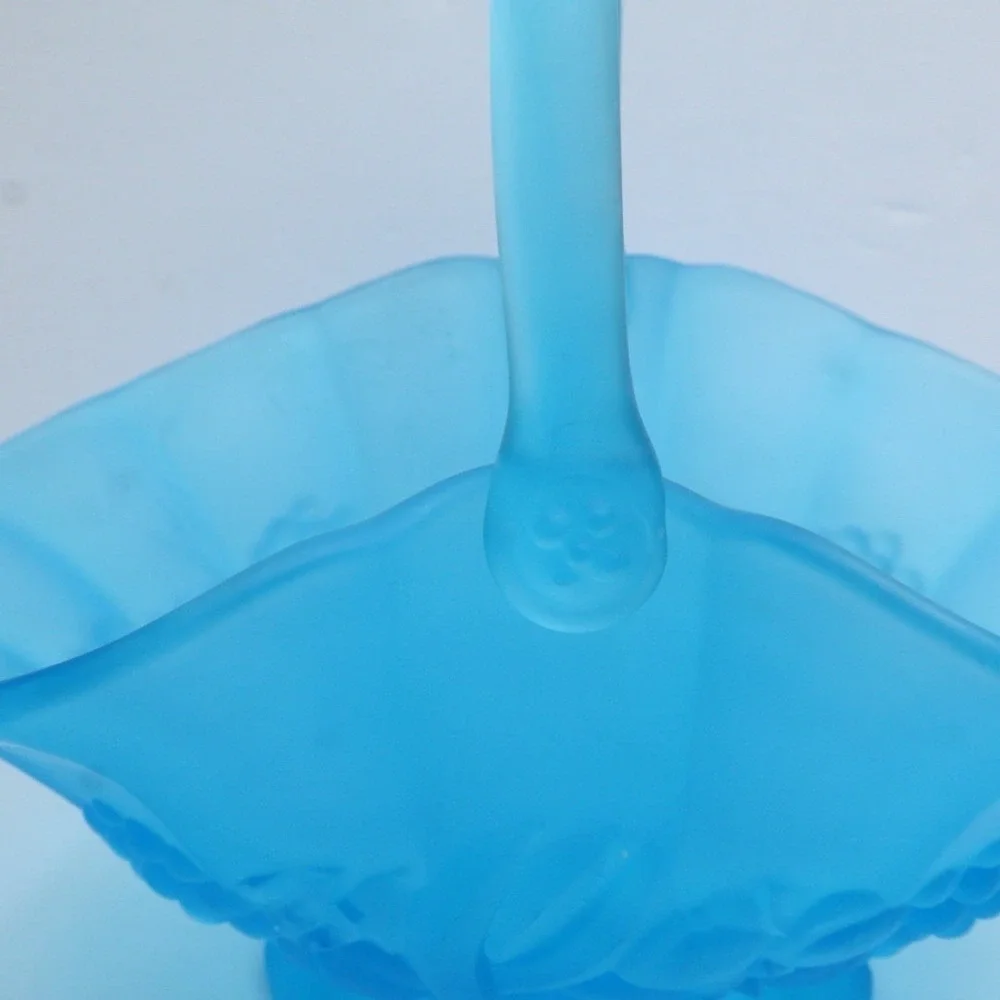 VTG Satin Blue Indiana‎ Glassware Raised Fruits Design Basket Decorative MCM